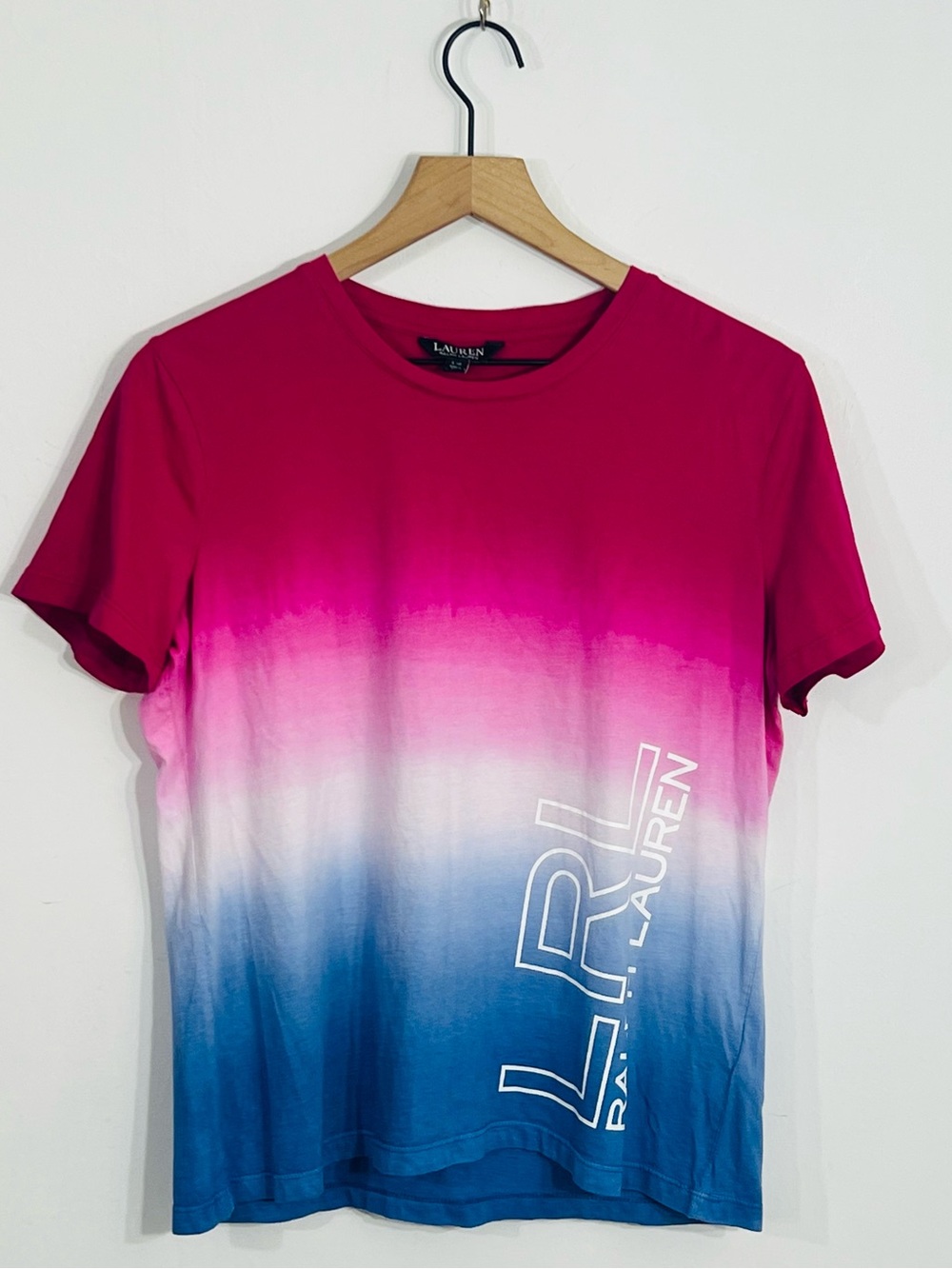 Lauren Ralph Lauren Pink White Blue Ombre Logo Stretch Crew Tee Cotton Modal L